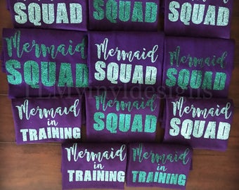 Mermaid squad// ariel// birthday party favors// mermaid shirts// martching squad// mermaid in training