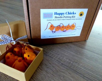 Needle felting KIT, Easter chicken decorations DIY kit with instructions and video tutorial, Five felted Easter chicks crafts kit