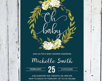 Baby Shower Invitation Boy, Oh Baby, Wreath, Blue, White, Rustic, Greenery, Navy