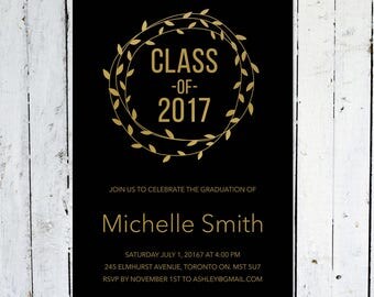Graduation Invitation, Wreath, Gold, Black, Modern, Graduation Announcement, Printable, Printed