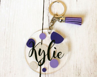 Polka Dot Key Chain - Polka Dot Key Ring - Purple Key Chain - Personalized Key Chain - Personalized Key Ring - Custom Key Ring - Key Tassel