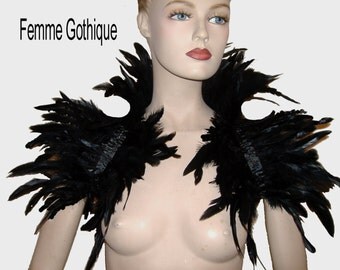 GOTHIC BLACK FEATHER shrug, feather shrug, steampunk feather collar, victorian jet black coque feather boa, shrug, bolero, feather cape,