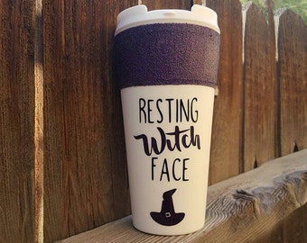Resting witch face Travel mug, fall mug, Halloween mug, funny mug, funny travel mug, glitter dip mug, glitter mug, custom travel mug