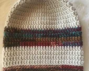 Striped Slouchy Beanie // Hat // Crochet // Handmade // Gift // Womens // Mens // Gift // Grey // Burgandy Verigated
