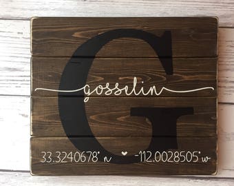 Personalized Latitude Longitude Sign GPS Coordinates Sign, Last Name Wood Sign, Housewarming Gift, Established Sign, New Home, Family Name