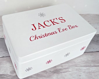 Personalised Christmas Eve Box, Hand Painted Wooden Box, White Red Silver or White Pink Gold