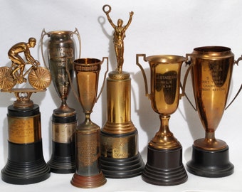Price Reduced! 7 Cycling/Racing Trophy's, Racing Helmet, St. Louis, Philadelphia, New York, New Jersey, LIWA, 1938-1950