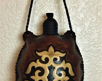 Tajik Canteen Leather Flask / Alcohol / Leather purse flask / Etched leather / Camping Gear / Water Bottle
