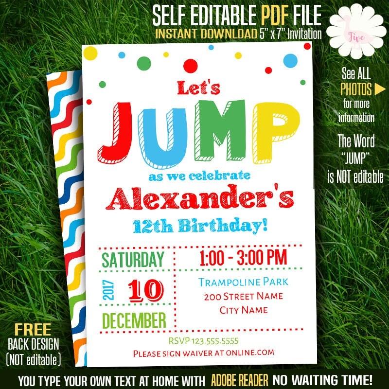 Jump Birthday party invitation Printable Jump invite Instant