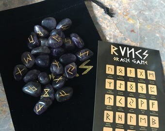 Amethyst Tumblestone Rune Stone Set, complete with pouch & Runic Symbol Sheet, Divination, Runes