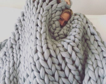 Chunky blanket Wool blanket 100 % merino wool king size Knit blanket Giant Throw super big bulky arm knitting home decor Fathers day