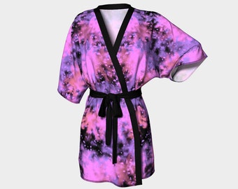 Kimono Robe in purple, pink and black, wedding robe, bridal robe, bridesmaid robe, luxury robe, robe, silky robe, purple and pink robe