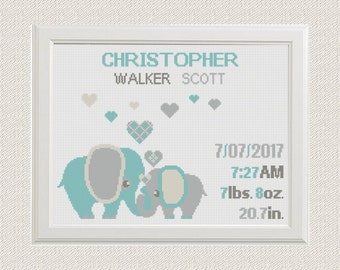 Birth announcement baby animal sampler Cross stitch elephants with hearts cross stitch pattern new baby boy birthday gift nursery decor