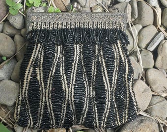 Black Beaded Clutch/Purse From The 1930's with floral clasp/evening clutch/beaded clutch/purse/antique clutch/30s clutch