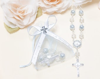 12 Baptism Favors for Boys - Baptism Favor Bags with "Mi Bautizo" Ribbon and Blue Pearl Rosary