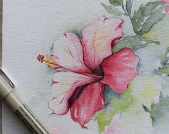 Pink Magenta Hibiscus Watercolor Handpainted Card- Original or Prints