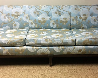 Vintage Mid Century Modern Hollywood Regency Long Sofa in Powder Blue