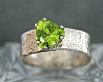 Bright Green Peridot Gold & Silver Ring, 14kt Gold, Sterling Silver, Sophisticated Wide Band Statement Ring, Original Armstrong Design