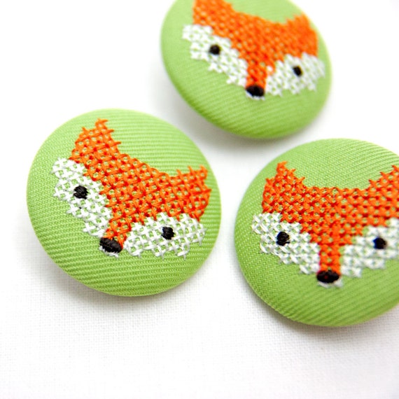 Woodland cross-stitch fox button