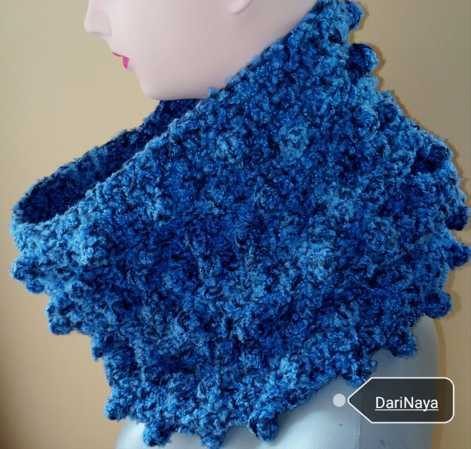 Blue Popcorn Crochet Cowl Infinity Scarf/Crochet Scarf/ Shawl/