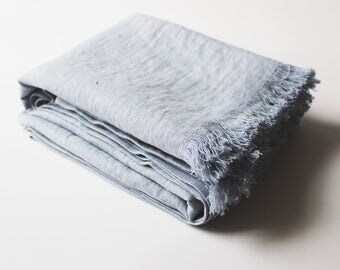 Bluish Grey Softened Linen Throw, Linen Throw Blanket, Light Grey Throw, Fringed Throw Blanket, Soft Linen Throws and Blankets