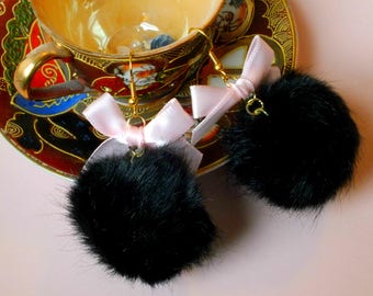 Dangly Pom Pom Earrings With Bow