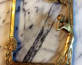 Antique Art Nouveau Brass Figural Frame/Mirror with flowers