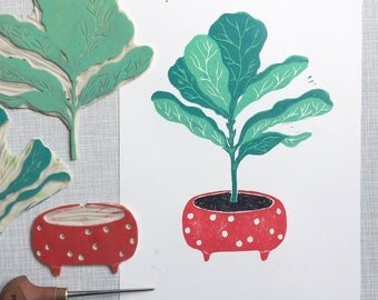 Fycus lyrata 'A4 limited edition (15) handprinted linocut print'