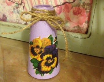 Cute little bud vase - glass bottle/painted/decoupage
