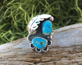 Vintage Turquoise Two Stone Stelring Silver Ring | Native American Design | Blue Turquoise | Bohemian Rings | Southwest Jewelry | Indian