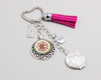 Keychain / Medallion Photo Ethnic Romantic Cabochon ''Acidulous'' Pink Fuschia and Silver