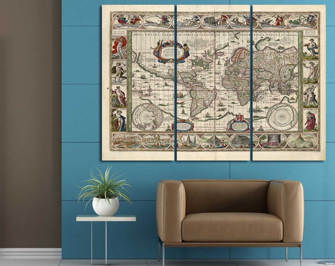 Ancient 1635 World Map Canvas Print, Old Map Poster, Vintage World Map 1,2,3,4 or 5 Panels on Canvas Wall Art for Home & Office Decoration