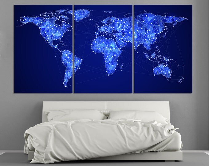Night World Map Print, Large Geometric Wall Art Panels Set \ 1,3,4 or 5 Panels on Canvas Wall Art for Home or Office Decoration & Interior