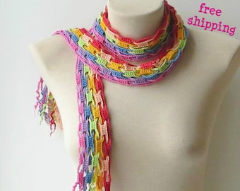 Rainbow scarf, Bright, Cotton knit scarf, Knit neck scarf, Skinny knit scarf, Striped knit scarf, Multicolored scarf, Cotton crochet scarf.