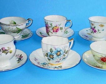 Vintage Lot of (6) assorted Fine Bone China Tea Cups and Saucers, Holmes, Royal London, Clare, Royal Prince, England, Japan, China