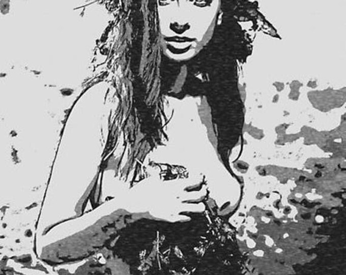 Erotic Art 200gsm poster - Water Nymph, sexy nude woman with flowers, naked body artwork, hot conte style BW print High Res at 300dpi sketch