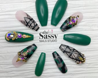 Military Wife: press on nails| handpainted nails| false nails| fake nails| acrylic nails| gel nails| army fatigue| coffin nails|