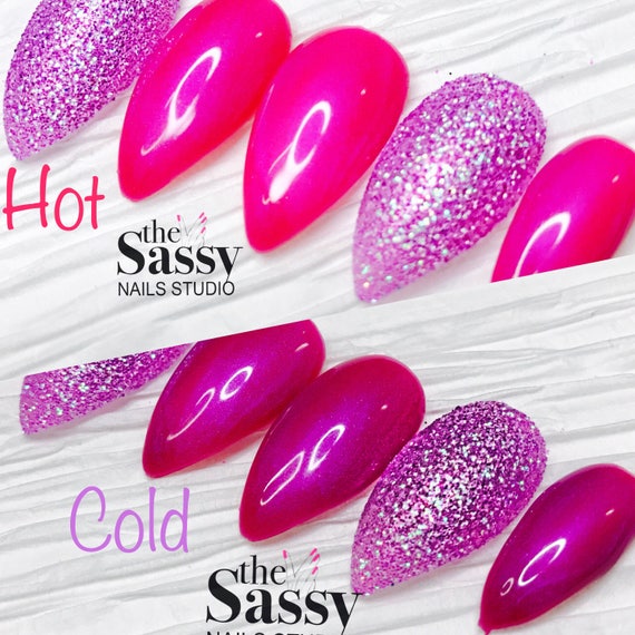 Pink and Purple mood changing false nailspress on nails