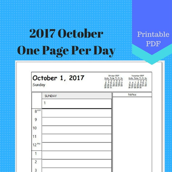 2017 October One Page Per Day Daily Calendar Pages Planner