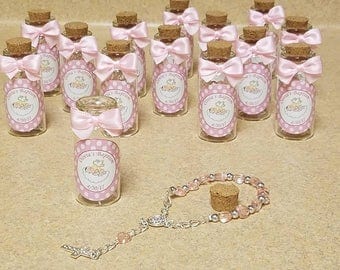 12 Baptism favors, mini rosaries favors, Bottle with cork favors- baptism boy - baptism girlwhite, pink. blue favors