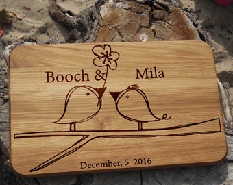 Personalized gift for her Wedding cutting board Engagement gift for couple Engraved gift for women Wood gift for sister Love birds on branch