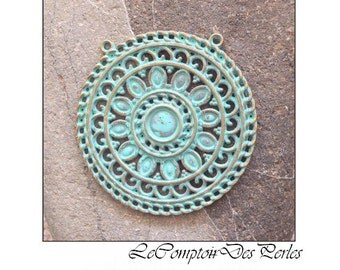 Patina Green Brass Medallion Filigree Focal 53mm