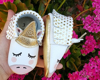 Gold Dot Unicorn Moccasin | Baby Moccasins | Baby Moccs | Handmade Baby Moccasins | Unicorn Moccs | Unicorn Shoes.