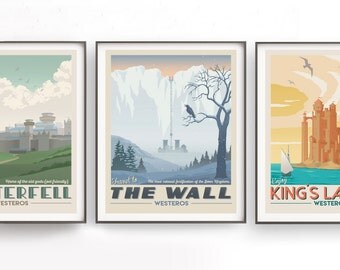 Game of Thrones set. Retro travel poster. Movie tv show poster. Winterfell illustration. Moon of my life. Daenerys Targaryen. Westeros art
