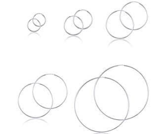 14K White Gold Endless Round Hoop Earrings 1.5mm 15-60mm - Classic Polished Plain Tube Women's Men's
