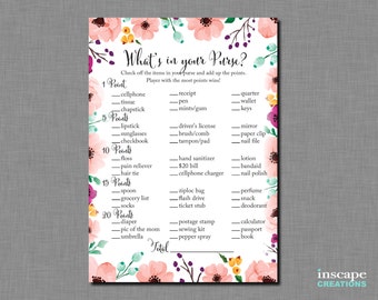 What's in Your Purse Game Printable, Floral Baby Shower Whats in Your Purse Game, Floral Baby Shower Game, Flowers, Elegant Chic Baby Shower