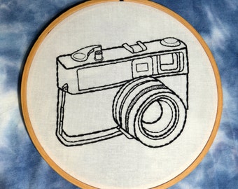 Camera hand embroidery hoop art. 6 inch hoop.