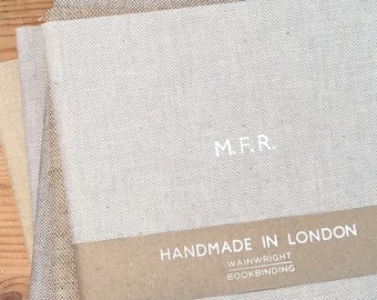 Personalised linen notebook foil-blocked in white // 4 natural linens & marker ribbons to choose from