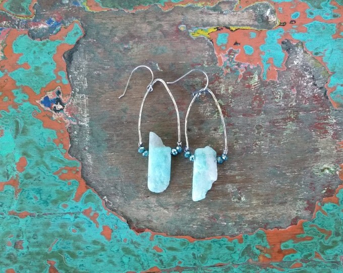 Sterling Silver Earring with Mystic Aqua Blue Glass Beads and an Amazing Raw Aqua Blue Kyanite Slice