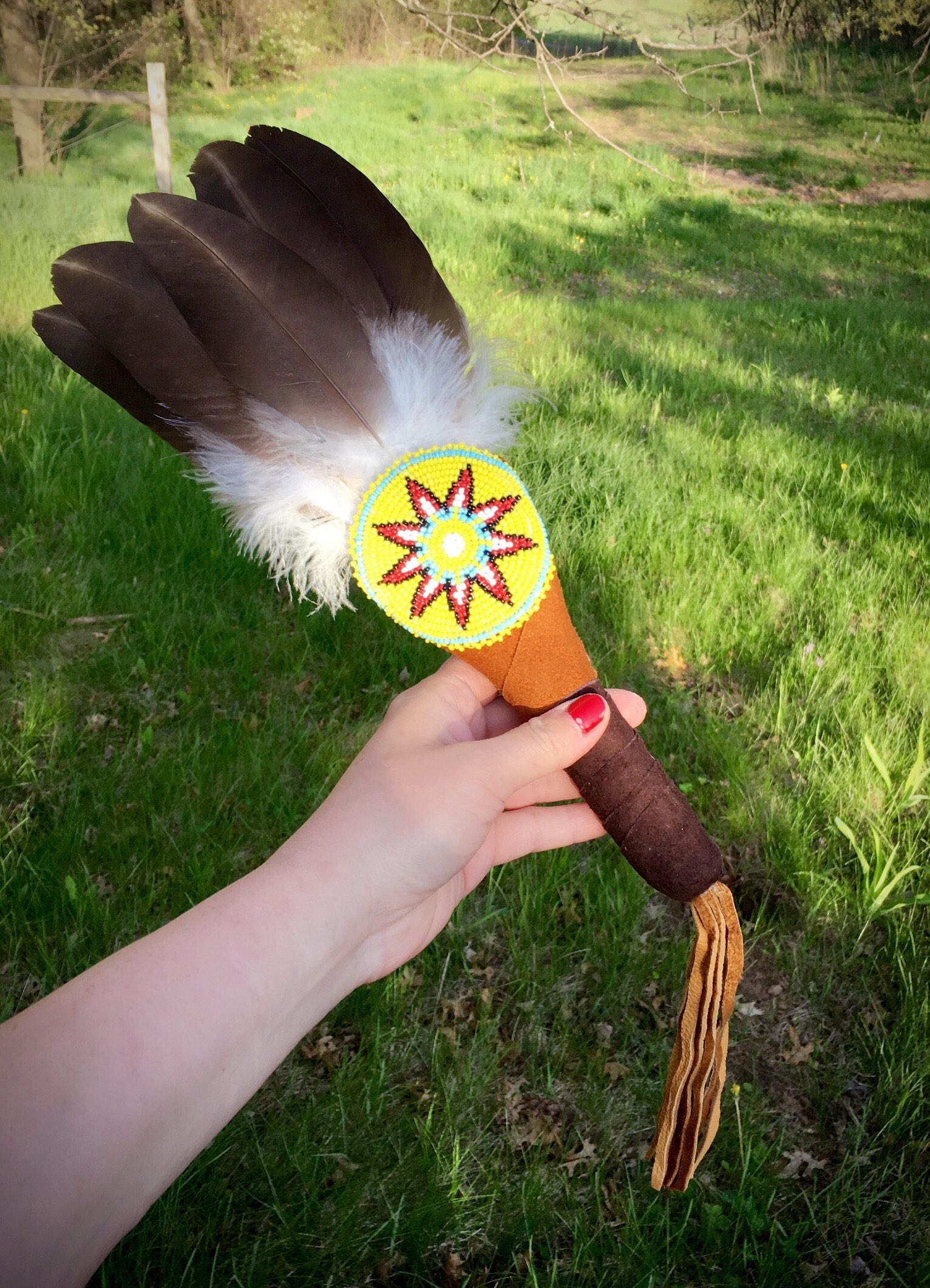 Native American Feather Fan - Dance Fan - Beaded Rosette - Buckskin 